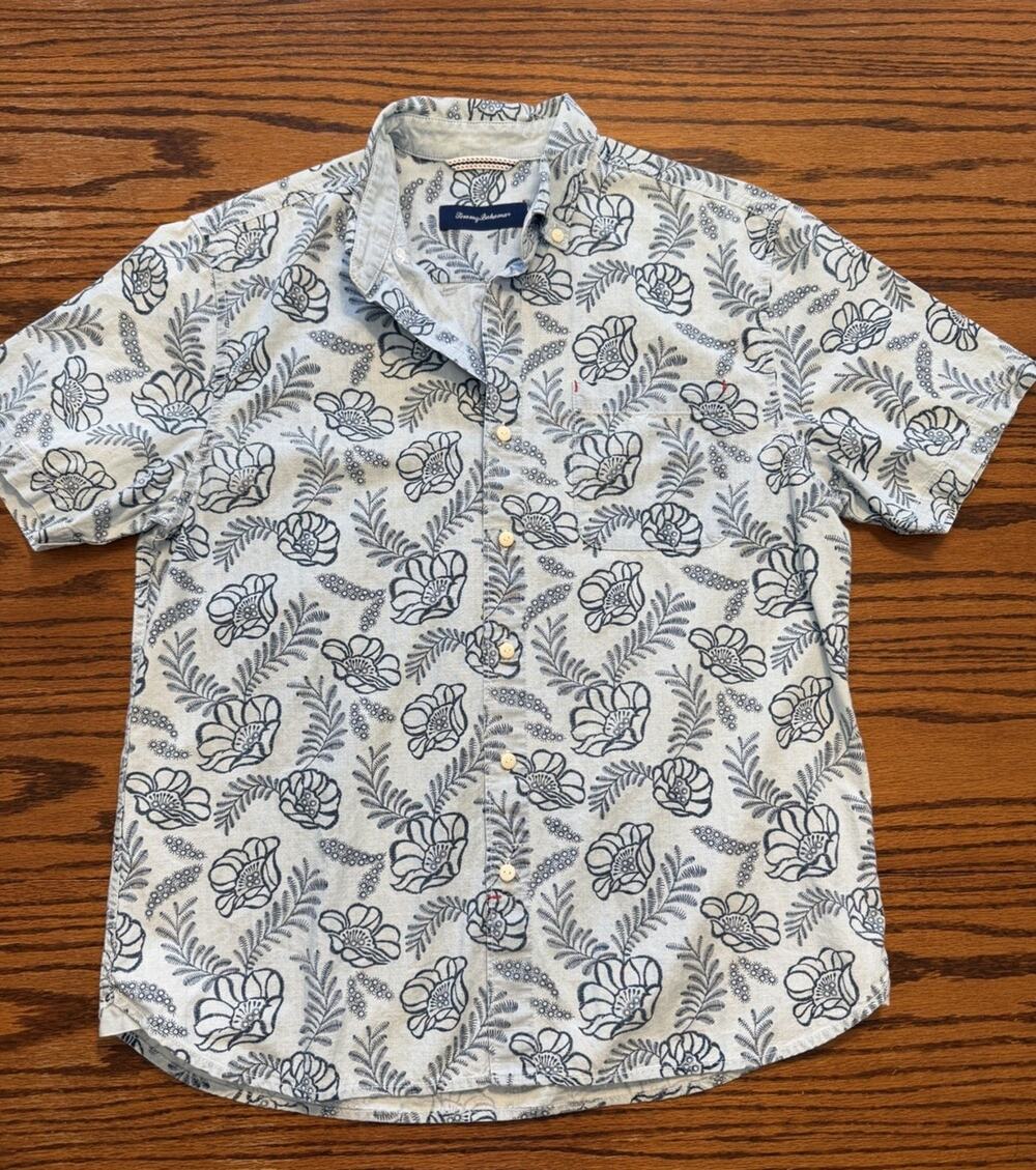 Tommy Bahama Mens M 100% Cotton Hawaiian Shirt Floral Blue